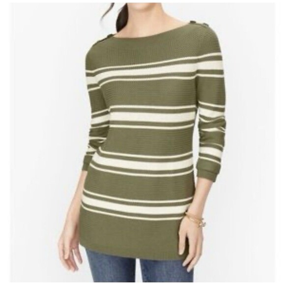 Talbots Green White Stripe Long Sleeve Boat Neck Button Shoulder Sweater Medium - Picture 1 of 8